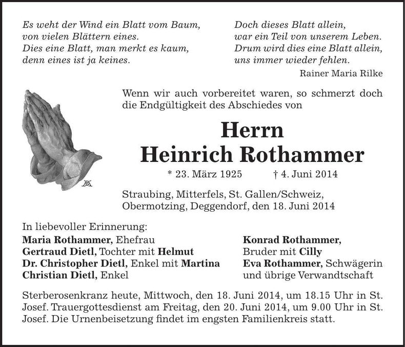 Traueranzeige Heinrich Rothammer