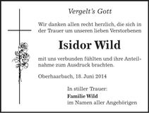 Traueranzeige Isidor Wild