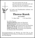 Traueranzeige Therese Kurek