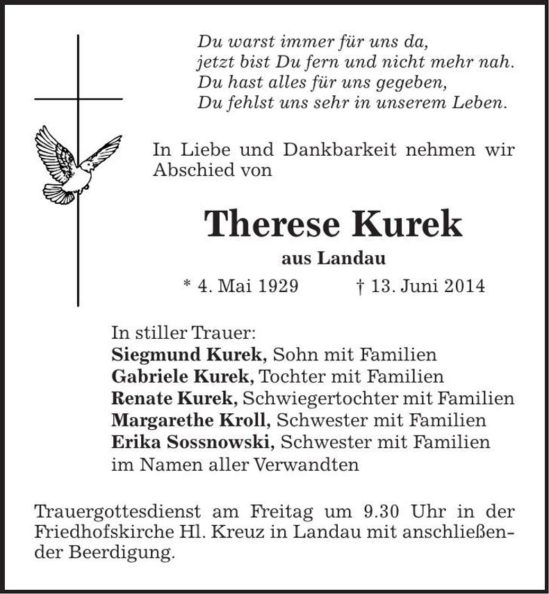 Traueranzeige Therese Kurek