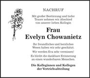 Traueranzeige Evelyn Chowanietz