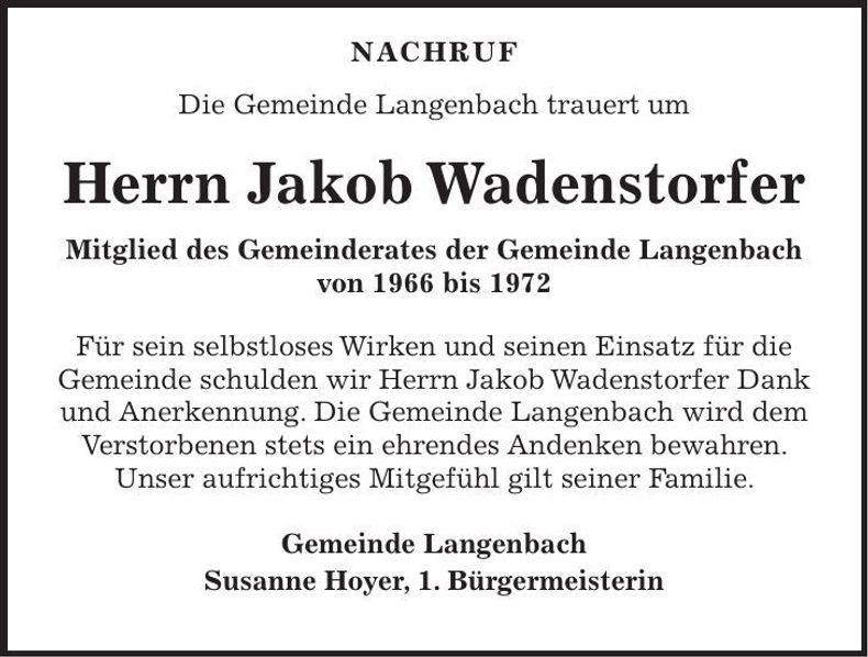 Traueranzeige Jakob Wadenstorfer