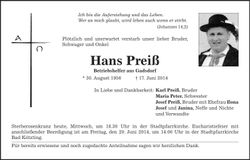 Traueranzeige Hans Preiß