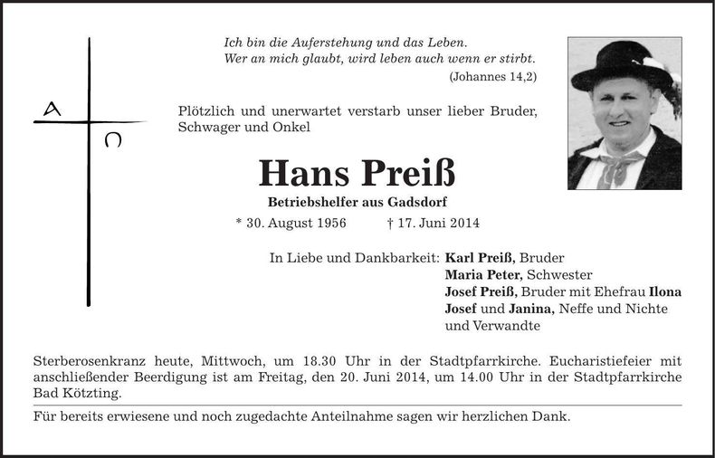 Traueranzeige Hans Preiß