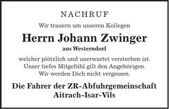 Traueranzeige Johann Zwinger