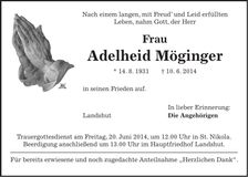Traueranzeige Adelheid Möginger