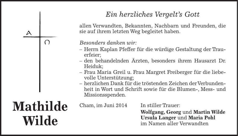 Traueranzeige Mathilde Wilde
