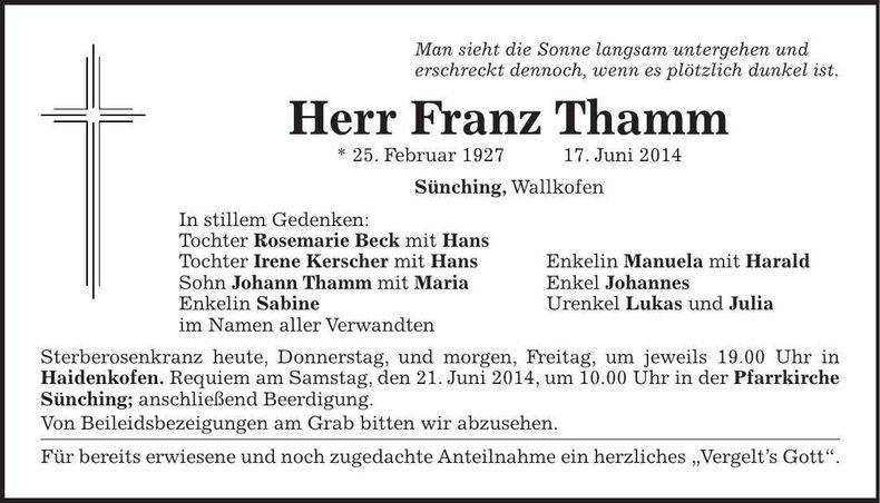 Traueranzeige Franz Thamm