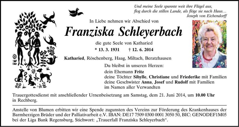 Traueranzeige Franziska Schleyerbach