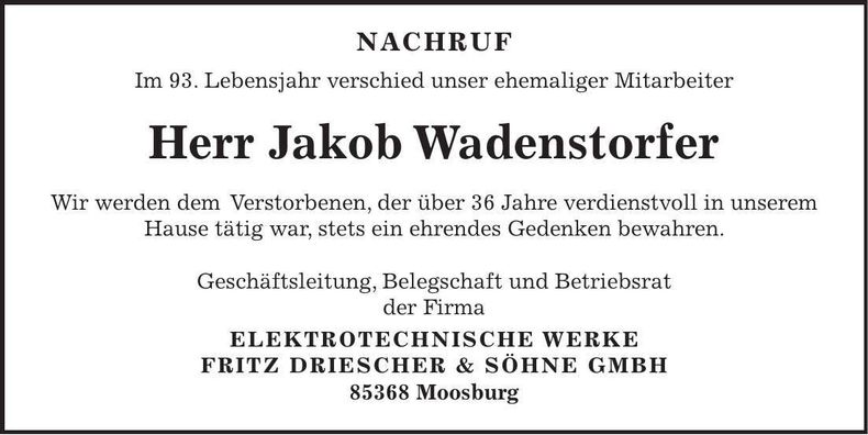 Traueranzeige Jakob Wadenstorfer