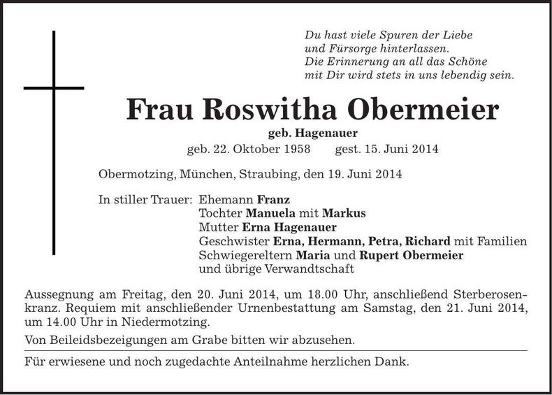 Traueranzeige Roswitha Obermeier