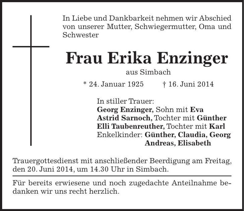 Traueranzeige Erika Enzinger