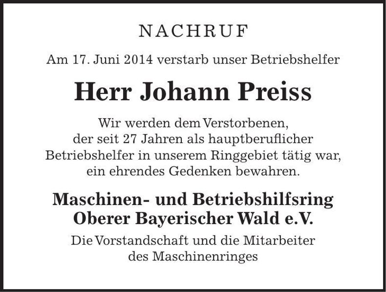 Traueranzeige Preiss Johann