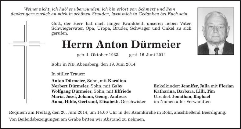 Traueranzeige Anton Dürmeier