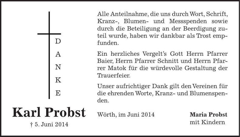 Traueranzeige Karl Probst