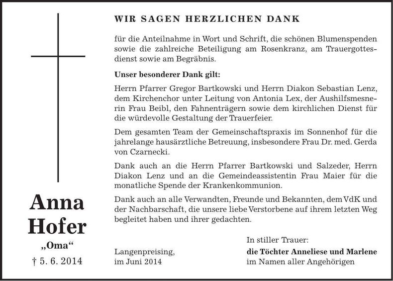 Traueranzeige Anna Hofer