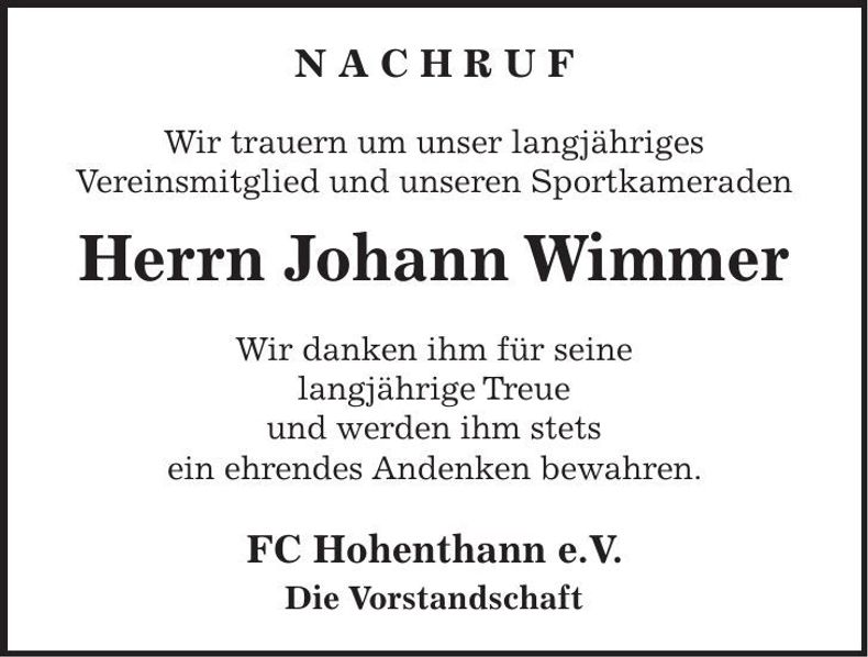 Traueranzeige Johann Wimmer