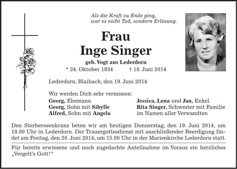 Traueranzeige Inge Singer