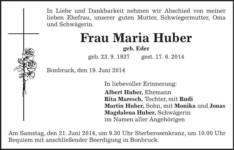 Traueranzeige Maria Huber