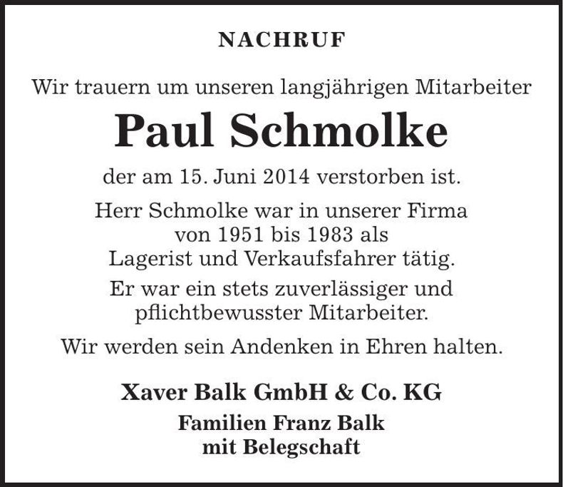 Traueranzeige Paul Schmolke