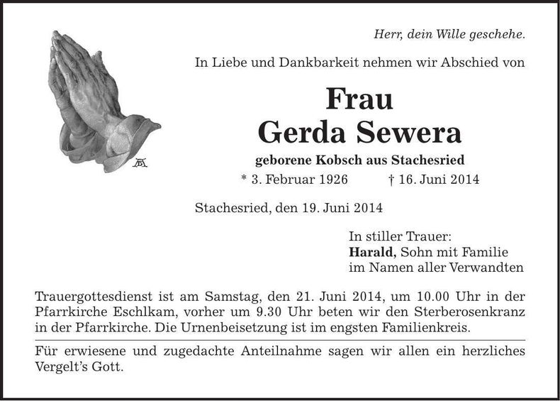 Traueranzeige Gerda Sewera