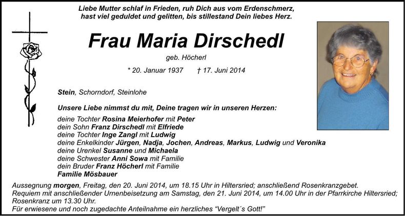 Traueranzeige Maria Dirschedl