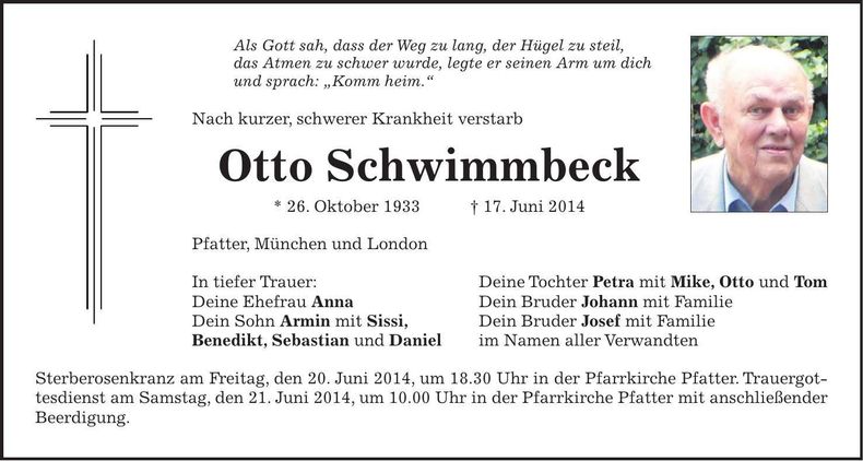 Traueranzeige Otto Schwimmbeck