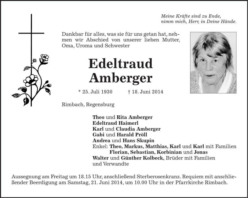 Traueranzeige Edeltraud Amberger