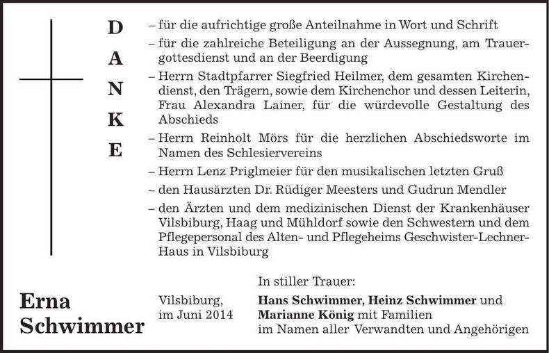 Traueranzeige Erna Schwimmer