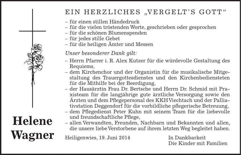 Traueranzeige Helene Wagner