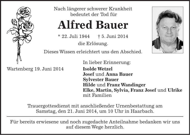 Traueranzeige Alfred Bauer