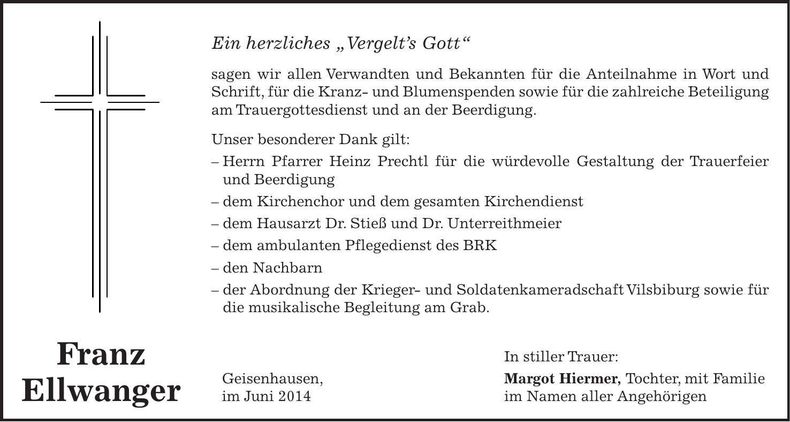 Traueranzeige Franz Ellwanger