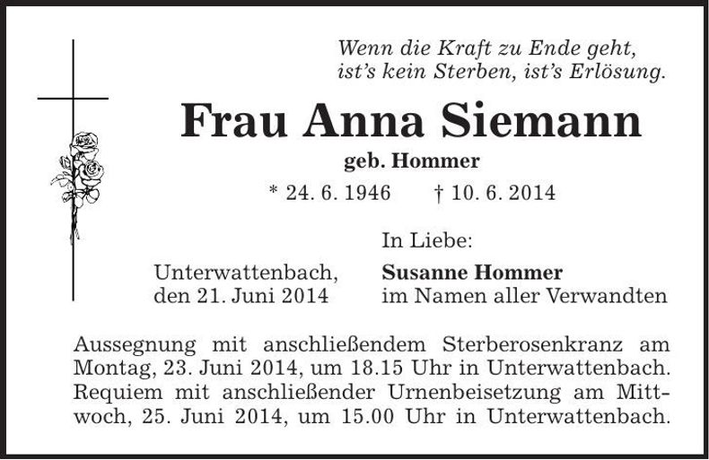 Traueranzeige Anna Siemann