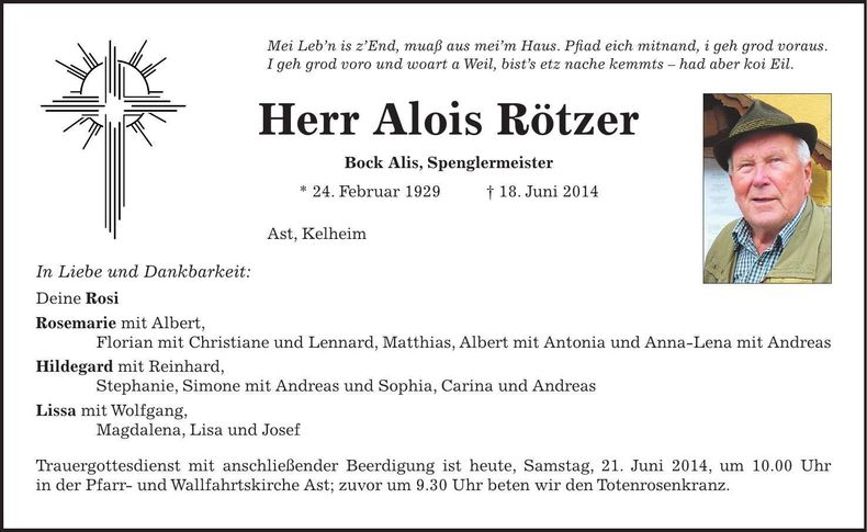 Traueranzeige Alois Rötzer