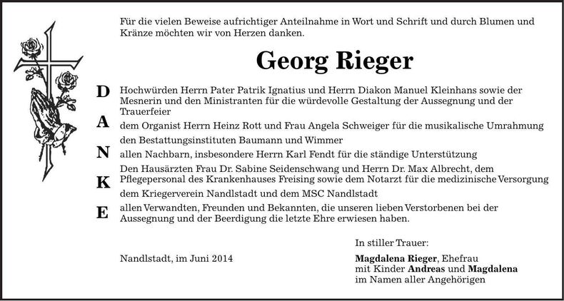 Traueranzeige Georg Rieger