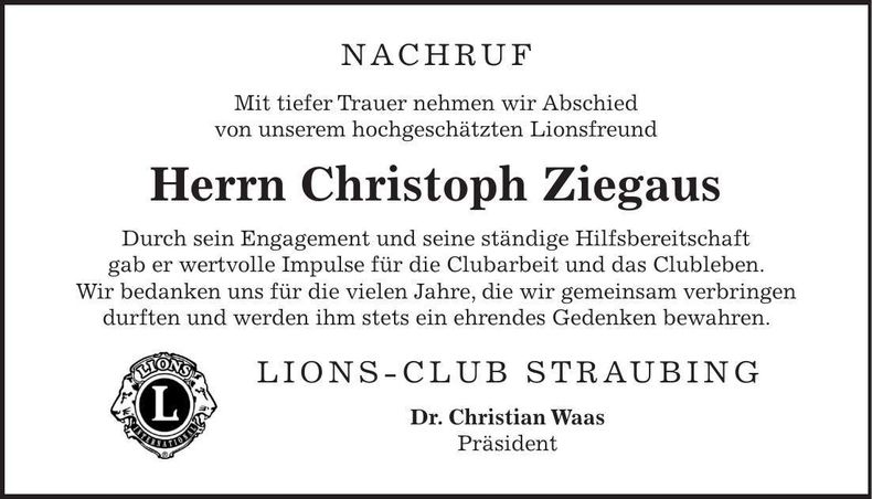 Traueranzeige Christoph Ziegaus