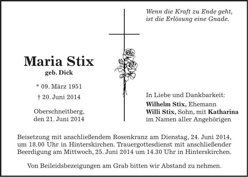 Traueranzeige Maria Stix