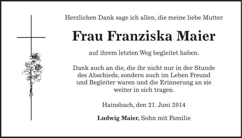 Traueranzeige Franziska Maier