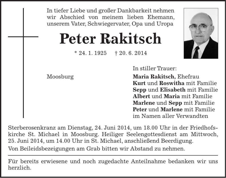 Traueranzeige Peter Rakitsch