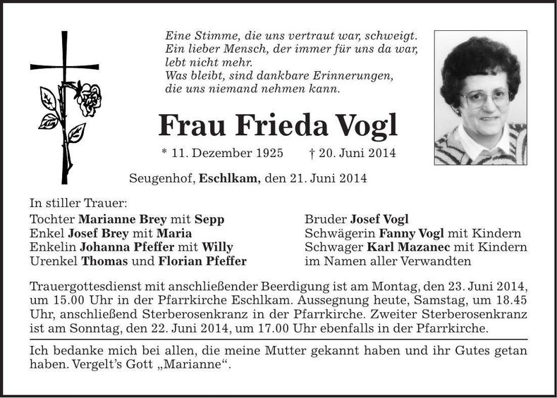 Traueranzeige Frieda Vogl