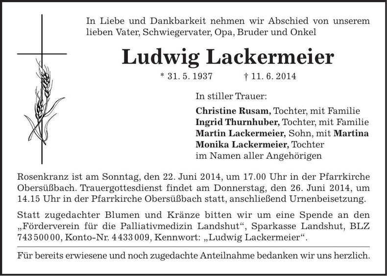 Traueranzeige Ludwig Lackermeier