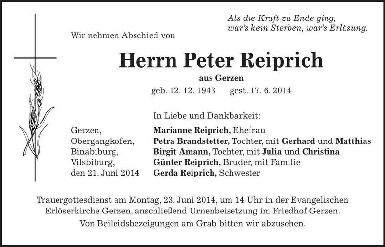 Traueranzeige Peter Reiprich