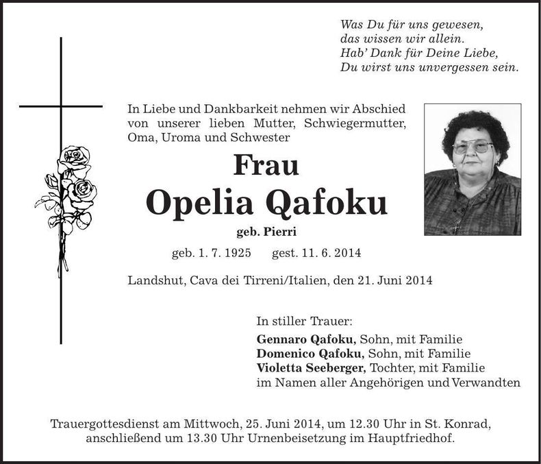 Traueranzeige Opelia Qafoku
