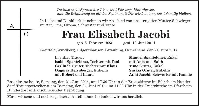 Traueranzeige Elisabeth Jacobi
