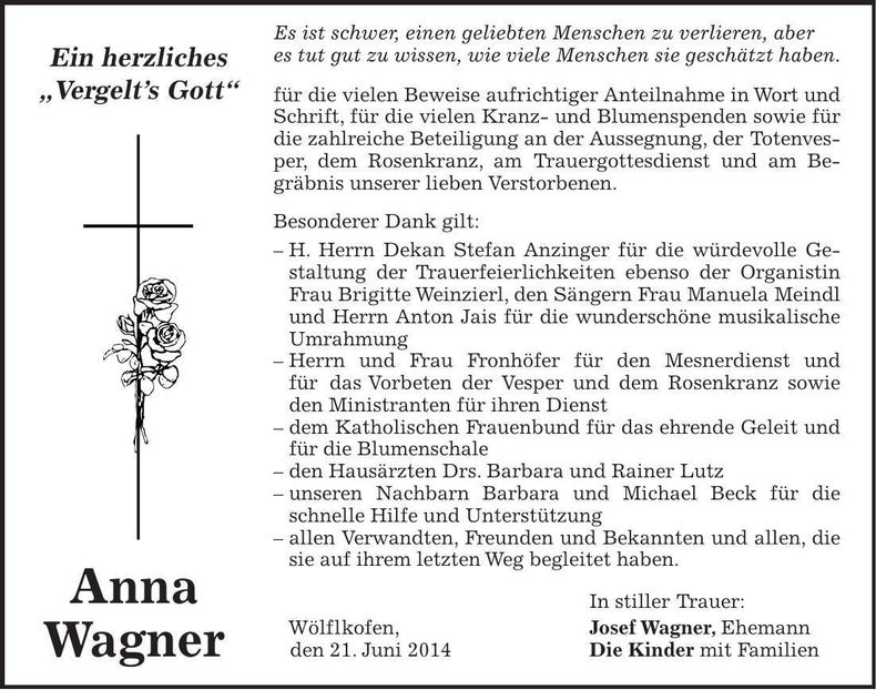 Traueranzeige Anna Wagner