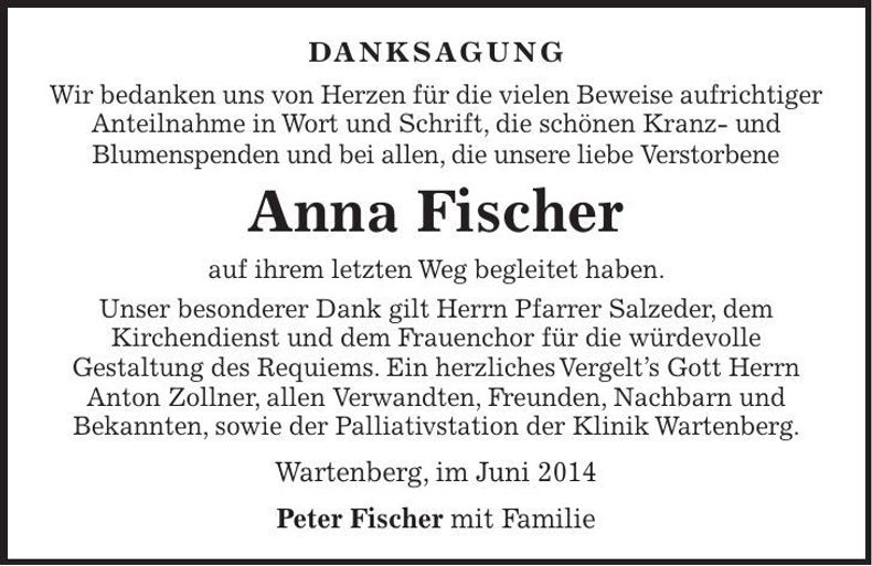 Traueranzeige Anna Fischer