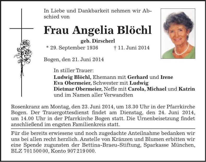 Traueranzeige Angelia Blöchl