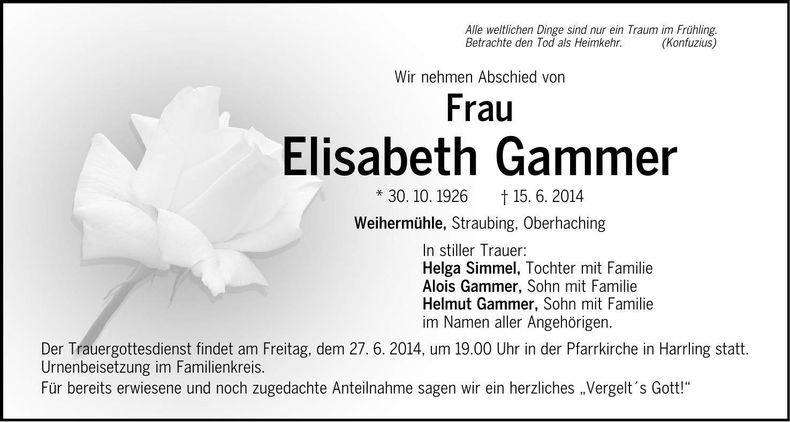 Traueranzeige Elisabeth Gammer