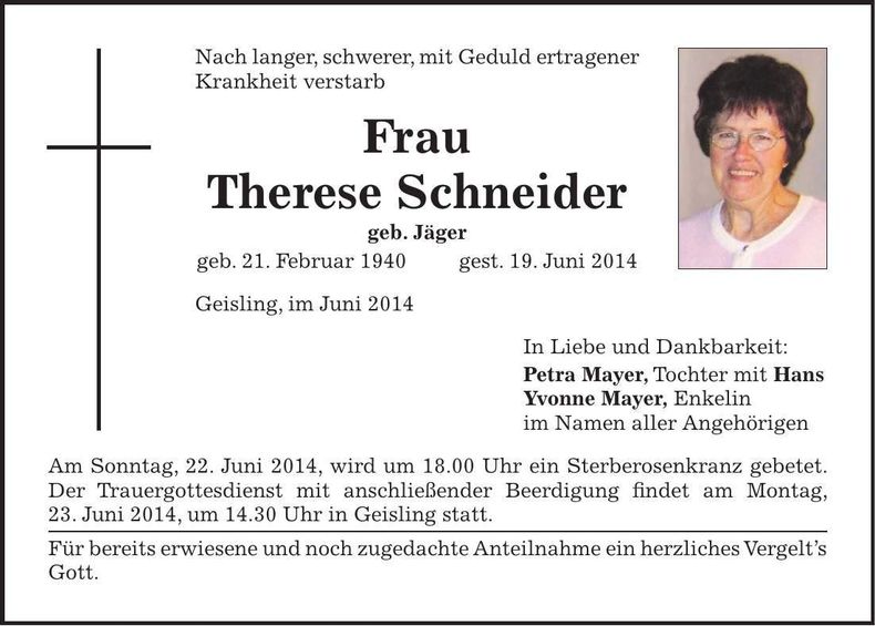 Traueranzeige Therese Schneider