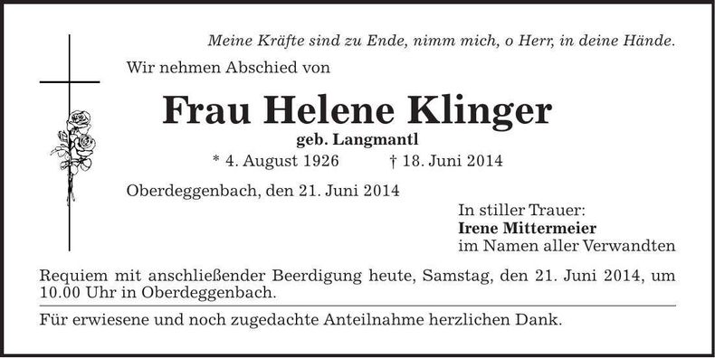 Traueranzeige Helene Klinger